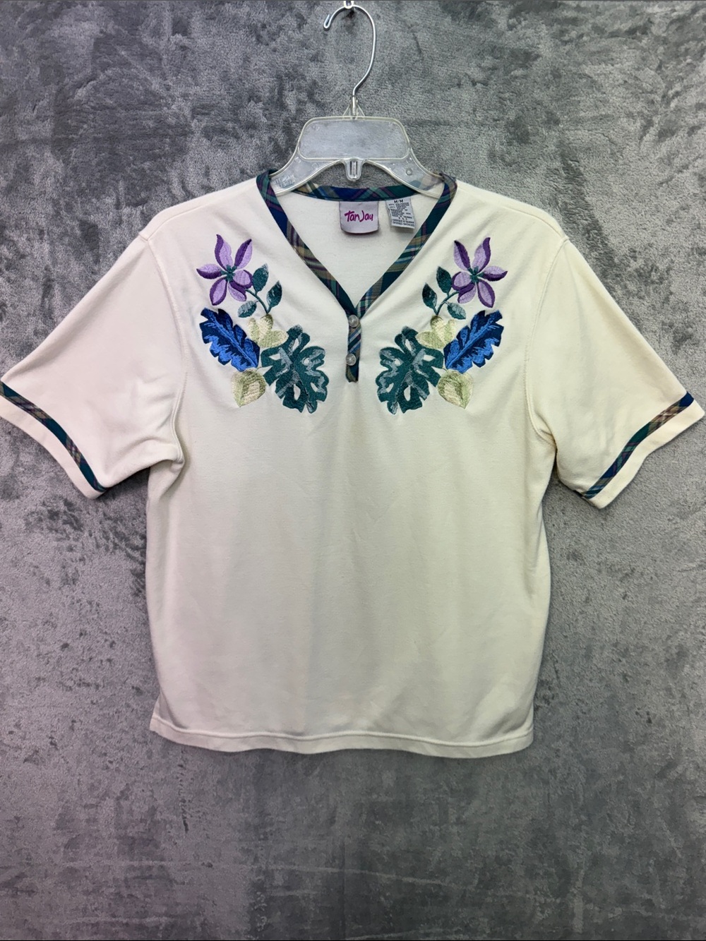 Tan Jay Vintage Med Floral Embroidered Cream Top with Green & Blue Accents